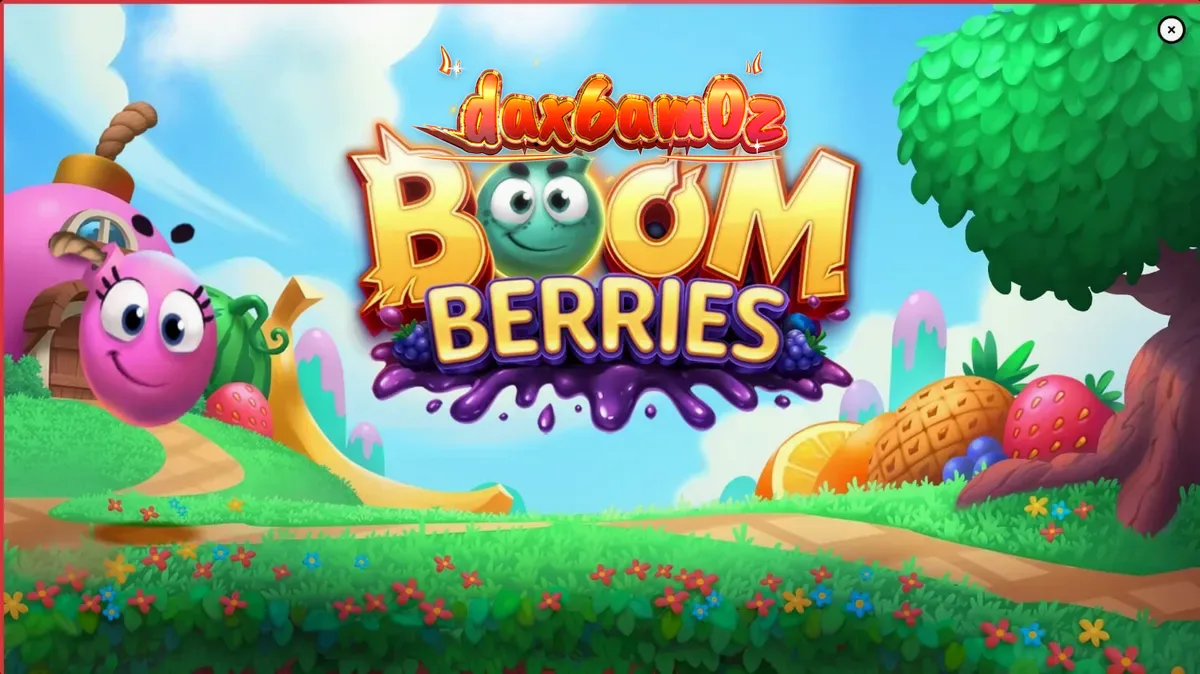 Tangkapan layar permainan slot Boomberries dari ELK Studios, menampilkan desa dongeng yang penuh buah-buahan raksasa dan rumah-rumah aneh.